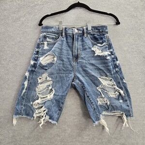 American‎ Eagle Women Shorts 0 Blue Denim 90s Boyfriend Short Distressed Frayed